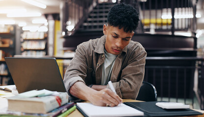 Poster - Writing, book and research with man in library for knowledge, education and college thesis. Learning, future and university with student and studying on campus for exam, project and scholarship