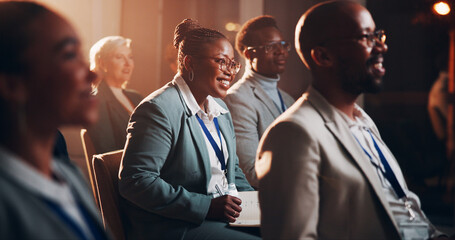 Poster - Corporate, woman and writing at presentation seminar with notes, listening and business training of speech. Female person, crowd and meeting with learning information, coaching and feedback at event