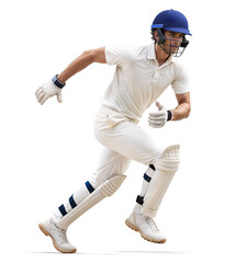 Wall Mural - Cricket player with helmet and gloves on in fast running motion on isolated background