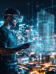 Aufkleber - Architect designing augmented reality buildings in a futuristic cityscape using AR glasses at night. Generative AI
