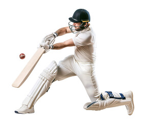 Cricket batter swing his bat to hit a ball on isolated background