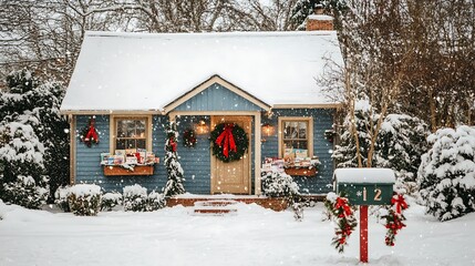 A charming blue cottage covered in snow with Christmas decorations and a mailbox adorned with a festive wreath.