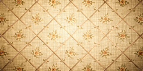 Light and shadow sunset on old retro beige fabric texture with floral pattern and crossed lines shadows , vintage