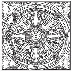 Wall Mural - Intricate black and white mandala design featuring a star motif, perfect for coloring books and artistic projects.