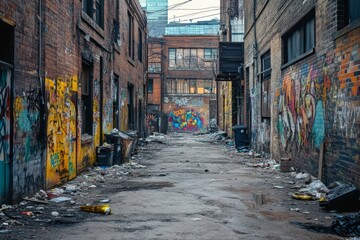 A gritty, abandoned urban alley featuring vibrant graffiti and dilapidated structures, capturing the rawness and decay of the inner city.