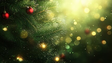 Wall Mural - christmas tree with baubles and blurred shiny lights