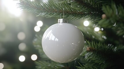 Wall Mural - christmas white glossy round bauble ornament on christmas tree with decoration and blurred bokeh lig