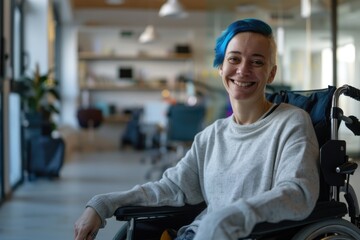 A person with vibrant blue hair sits comfortably in a wheelchair, conveying confidence and individuality