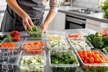 A woman prepares a meal in a modern kitchen with utensils and ingredients