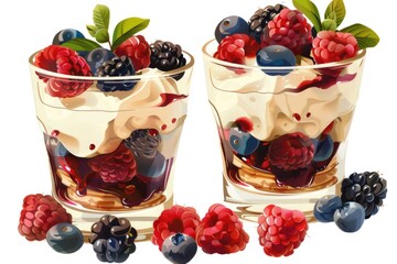 Two glasses filled with sweet treats and berries, perfect for a snack or dessert