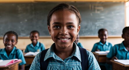 Nigerian kid girl smiling portrait on school classroom background