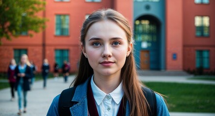 Wall Mural - Russian girl university college student portrait on school campus background