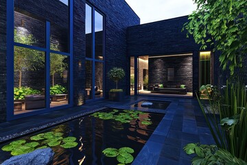 High-resolution garden room with dark slate blue windows, set in a modern, minimalist courtyard with water features Ultra-modern design