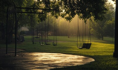 Poster - Empty swings in a misty park.