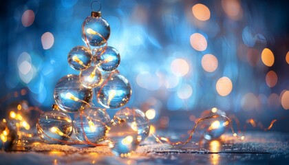 garland made from lot of glass transparent balls, inside the balls there are neon golden glowing lights, shape Christmas tree without wood, festive blurred blue silver background