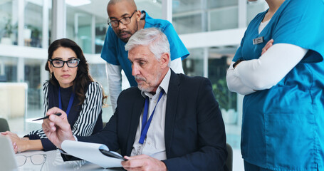 Poster - Medical team, people and meeting at boardroom on laptop for report, results and feedback on healthcare project. Hospital, coworking and employees on discussion for brainstorming, planning or strategy