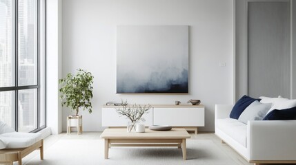 Poster - A minimalist living room with a white sofa and large windows. The room is decorated with a large abstract painting and a potted plant