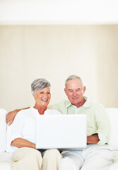 Poster - Couch, senior couple and laughing with laptop for movie, comedy film and entertainment in retirement. Happy people, woman and man with digital for streaming series, online video and bonding at home