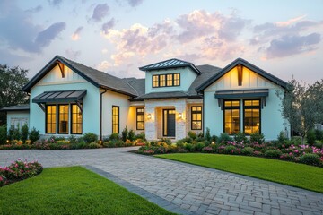 Wall Mural - Home design with soft mint accents in traditional style, dark quartz and birch details, generous windows, bone roofline trim, a paver block driveway, and a flourishing front lawn