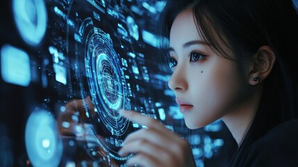 Wall Mural - Focused young Asian woman interacts with holographic screens, highlighting advanced technology in a futuristic work or business setting.