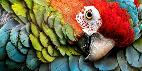 A colorful parrot with a red beak and green and blue feathers