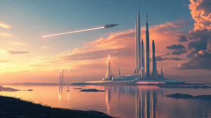 Aufkleber - A breathtaking futuristic city features towering spires reflected in calm water under a vibrant sunset sky. A sleek spaceship soars overhead, illuminating the scene with its bright trail.