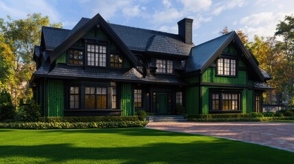 Home exterior design in emerald green accents, with traditional style, featuring black slate and bamboo details, sweeping windows, chalk-colored roof trim, a brick driveway, and rich green grass