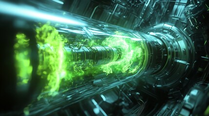 a close-up shot of a futuristic machine with a transparent tube filled with green energy flowing thr