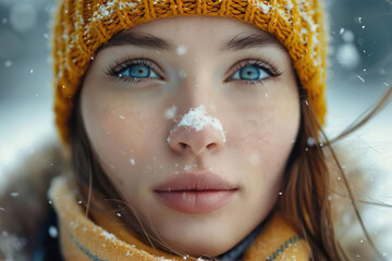 a beautiful woman with a hat and a scarf in a winter landscape, winter time background