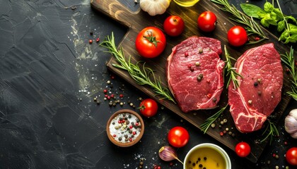 Raw meat steaks ready for cooking grilling. Two beef steaks on cutting board, with herbs, spices, olive oil, on cooking table top view copy space