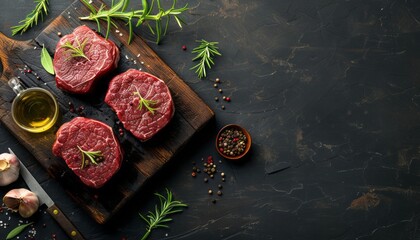 Raw meat steaks ready for cooking grilling. Two beef steaks on cutting board, with herbs, spices, olive oil, on cooking table top view copy space