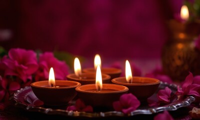 Ornate golden diya lamp, glowing candles