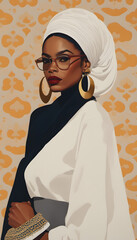 A stylish woman wearing a white headwrap and glasses, adorned with large gold hoop earrings. She is dressed in a white and black outfit, posing confidently against a patterned orange background.