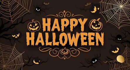 Brown and gold theme happy halloween lettering on scary creepy concept background