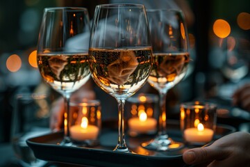 Two waiters present a tray featuring white wine, champagne, and refreshing water