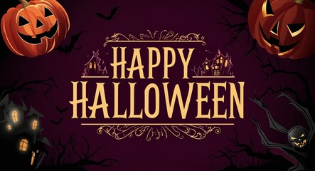 Burgundy and gold theme happy halloween lettering on scary creepy concept background