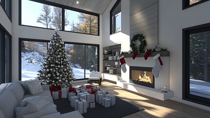 A cozy living room decorated for Christmas with a fireplace, a Christmas tree, gifts under the tree, and a wreath on the mantle.  The large windows look out onto a snowy landscape.