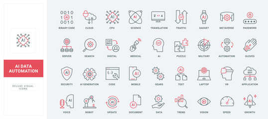 AI, data traffic, update and search, automation and application development line icon set. Automated futuristic brain of AI, robot and trends thin black and red outline symbols vector illustration