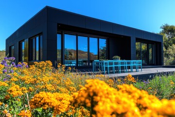 Jet black sleek house, nestled among goldenrod yellow flowers, featuring a cerulean blue dining set and large windows