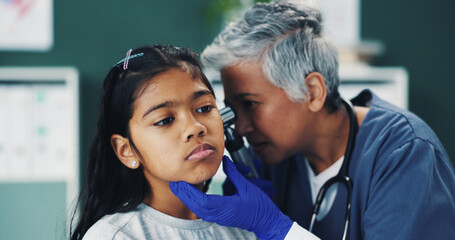 Poster - Doctor, child and ear check with mature woman, care and medical assessment for sore throat. Hospital, pediatrician and young girl with clinic, wellness and consultation of patient with exam and help