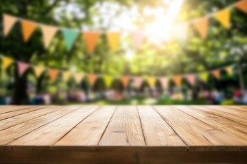 A wooden table in a festive outdoor setting with colorful bunting.