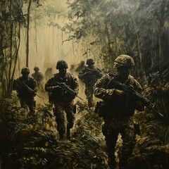 Wall Mural - A group of soldiers in camouflage uniforms are walking through a dense jungle, their faces obscured by the foliage.