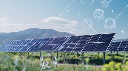 A solar panel field with a carbon credit logo overlay