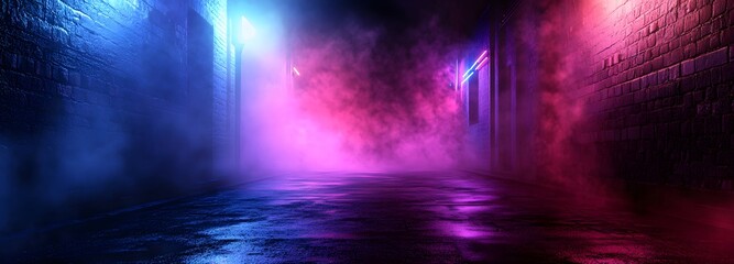 3. A captivating interior texture of a dark street with an asphalt floor, featuring vibrant neon lights and spotlights, enveloped in soft smoke, providing a unique setting for product presentation