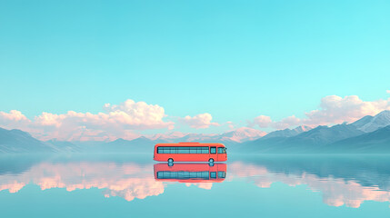 3D cartoon illustration of a bus parking on a calm lake surface