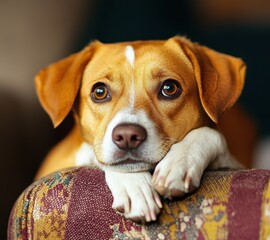 A close-up portrait of a beagle, showcasing its expressive eyes and gentle demeanor, as it rests its paws on a colorful fabric surface, evoking warmth and affection.