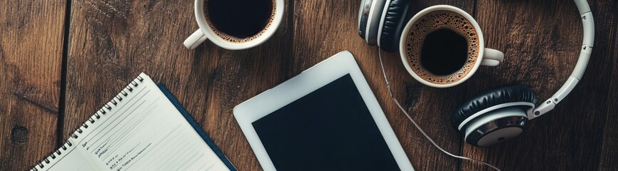 Overhead view of a wooden table with a notebook, tablet, headphones, and two cups of coffee.