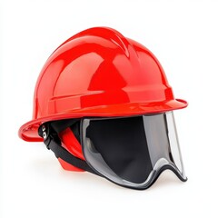 A firefighter's helmet, profession gear, bright red with a protective visor, isolated on white background