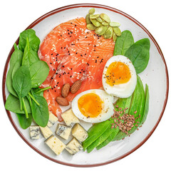 Wall Mural - healthy breakfast egg, salmon slices, avocado, cheese and salad isolated on white background. Keto diet. top view