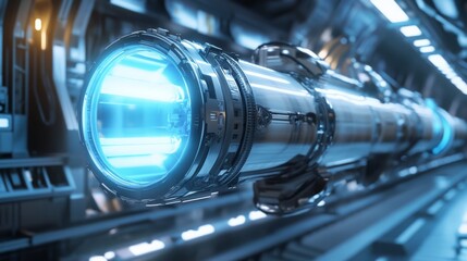Fototapete - A close-up shot of a metallic engine with a glowing blue light inside, surrounded by a futuristic interior.